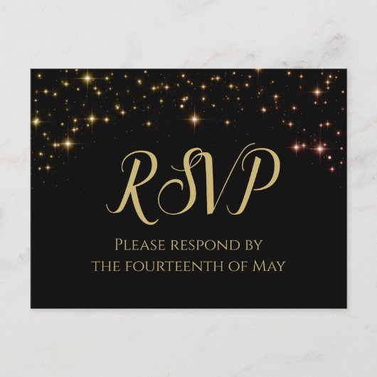 Schimmernde Glitzern Gold & Black Wedding RSVP Postkarte (Vorderseite)