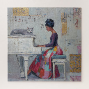Schimmernde Klavierdame Lila Graue Katze Puzzle