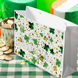 Schimmernde Kleeblätter Grün und Gold Große Geschenktüte