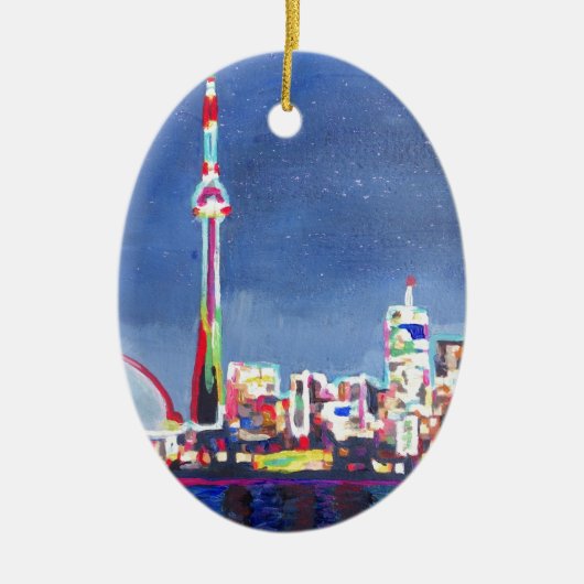 Schimmernde NeonSkyline Torontos mit KN-Turm Keramik Ornament (Vorne)