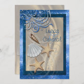 Schimmernde Seashell Blue Beach Hochzeit Einladung (Vorne/Hinten)