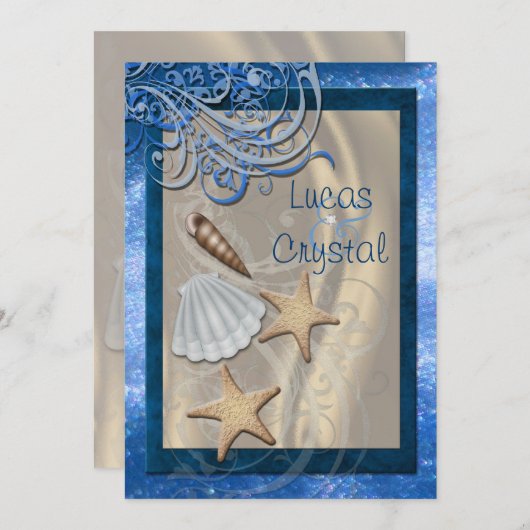 Schimmernde Seashell Blue Beach Hochzeit Einladung (Vorne/Hinten)