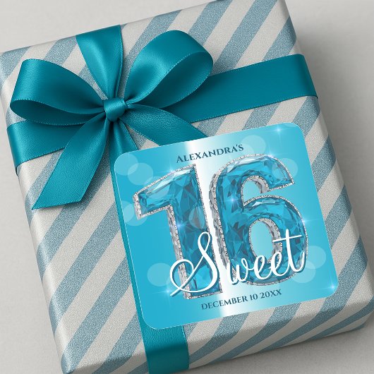 Schimmernder blauer Edelstein Sweet 16 Feier Quadratischer Aufkleber