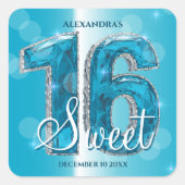 Schimmernder blauer Edelstein Sweet 16 Feier Quadratischer Aufkleber (Vorderseite)