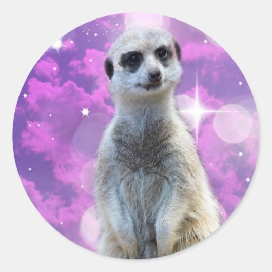 Schimmernder Charme: Meerkat auf rosa Bokeh Hinter Runder Aufkleber (Vorderseite)