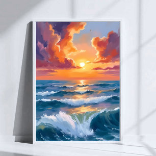 Schimmernder Meeressonnenuntergang Ozean Aquarellm Poster