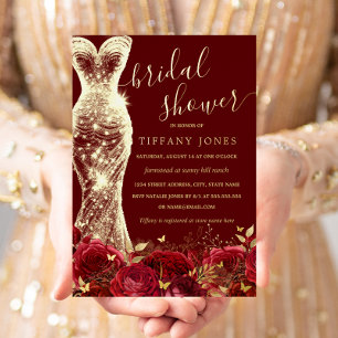 Schimmerndes Kleid Rot Gold Blumen Brautparty  Folieneinladung