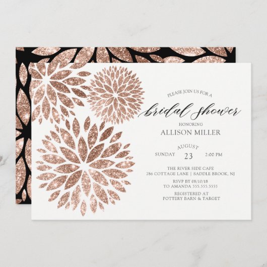 Schimmerndes Rose Gold Dahlias Brautparty Einladung (Vorne/Hinten)