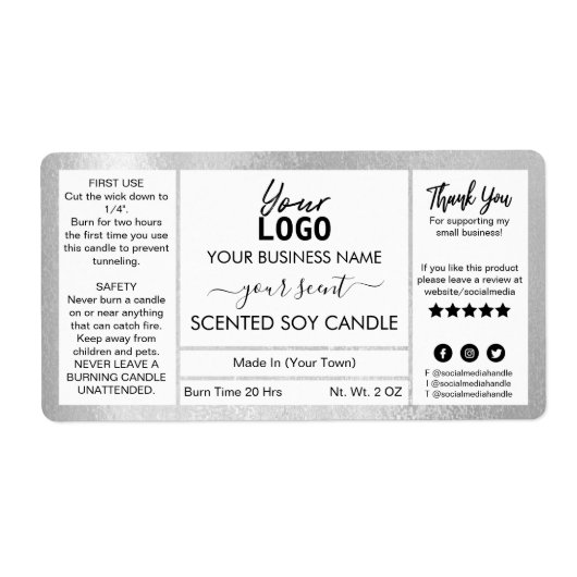 Schimmerndes Silber Tinte Scented Soy Candle Label (Vorne)