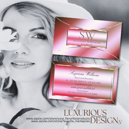 Schimmerrosa grüne Gradient mit Monogramm-Blitze Visitenkarte