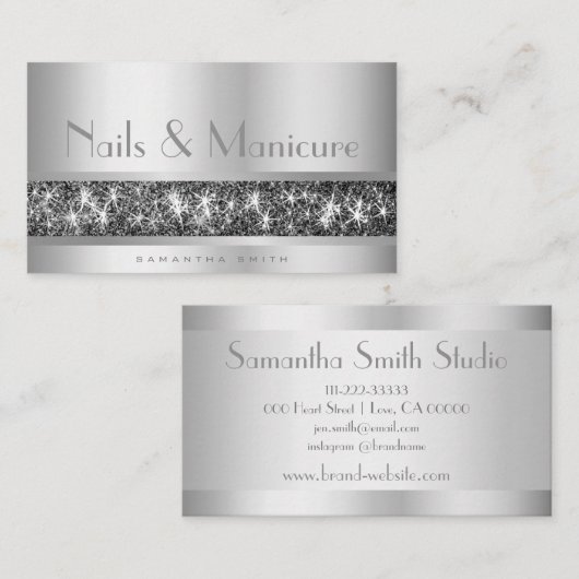 Schimmersilber Glitzer Glam Nail und Maniküre Visitenkarte (Vorne/Hinten)
