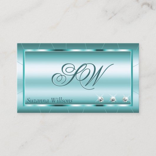 Schimmery Aquamarin mit Diamonds und Monogram Eleg Visitenkarte (Vorderseite)