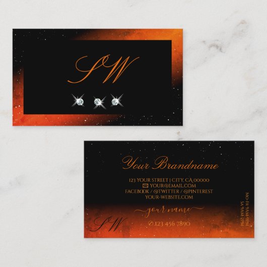 Schimmery Orange Black Sparkling Diamonds Monogram Visitenkarte (Vorne/Hinten)