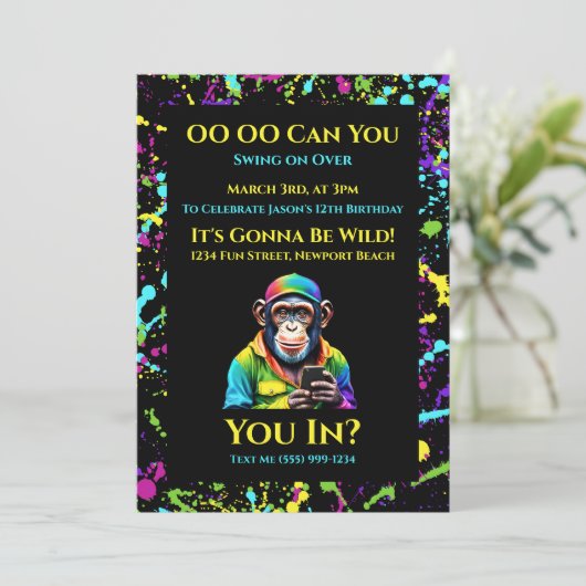 Schimpanse mit Chimp-Chat-Farbton Einladung (Stehend Vorderseite)