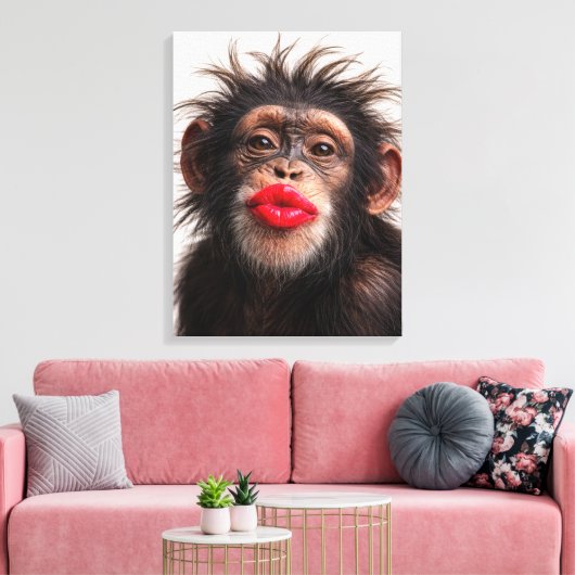 Schimpanse mit rotem Lippenstift Leinwanddruck (Insitu (Wohnzimmer))