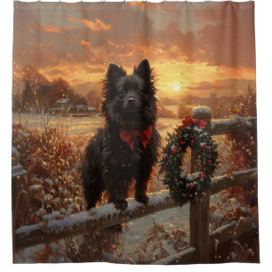 Schipperke Dog Rustic Winter Sunset Duschvorhang