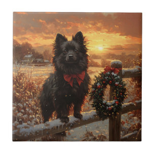 Schipperke Dog Rustic Winter Sunset Fliese