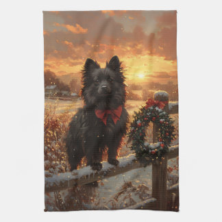 Schipperke Dog Rustic Winter Sunset Geschirrtuch