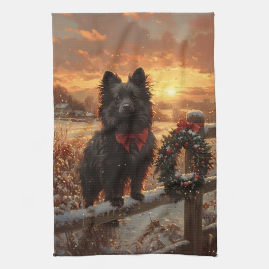 Schipperke Dog Rustic Winter Sunset Geschirrtuch (Vertikal)