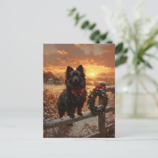 Schipperke Dog Rustic Winter Sunset Postkarte (Stehend Vorderseite)