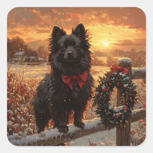 Schipperke Dog Rustic Winter Sunset Quadratischer Aufkleber (Vorderseite)