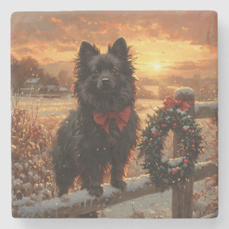 Schipperke Dog Rustic Winter Sunset Steinuntersetzer