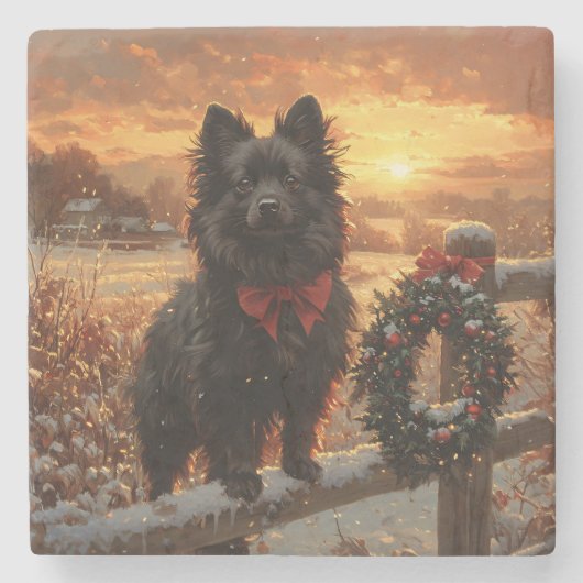 Schipperke Dog Rustic Winter Sunset Steinuntersetzer (Vorderseite)