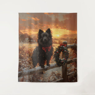 Schipperke-Hund rustikaler Winter-Sonnenuntergang Wandteppich