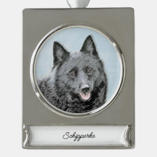 Schipperke Malerei - Niedliches Original Hunde Kun Banner-Ornament Silber
