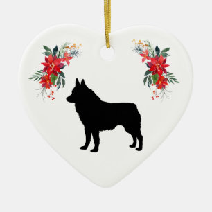 Schipperke-Silhouette mit Name Poinsettia Keramik Ornament
