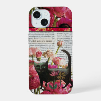 Schlaf ein, um schwarze Katze heiße rosa Blumen zu iPhone 15 Hülle