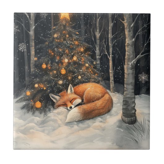 Schlaf Fox Whimsical Rustikale Weihnachten Fliese (Vorderseite)