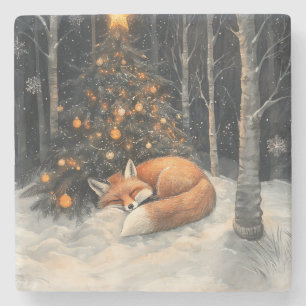 Schlaf Fox Whimsical Rustikale Weihnachten Steinuntersetzer