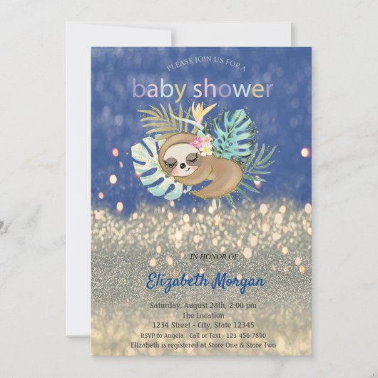 Schlaf Sloth Glitzer Bokeh Baby Dusche Einladung (Vorderseite)