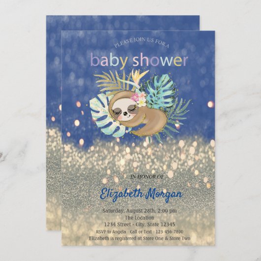 Schlaf Sloth Glitzer Bokeh Baby Dusche Einladung (Vorne/Hinten)