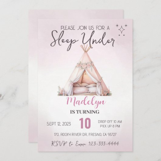 Schlaf unter dem Boho Teepee-Schläfenleepover spät Einladung (Vorne/Hinten)