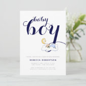 Schlafbabydusche mit blauer Typografie Einladung (Stehend Vorderseite)