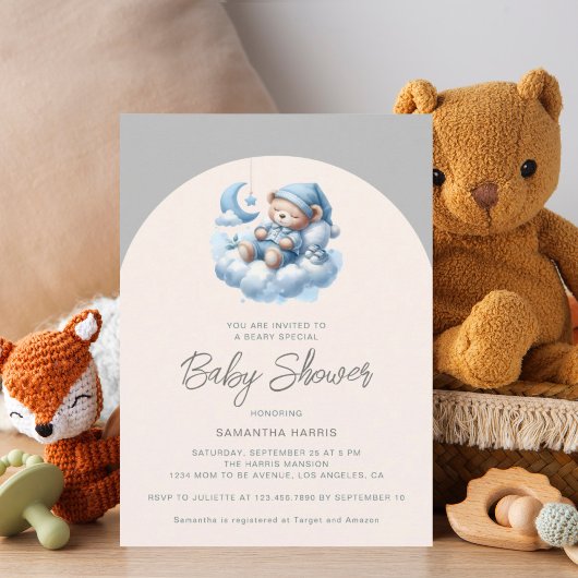 Schlafbär auf Cloud-Blue & Grey-Jungen-Babydusche Einladung