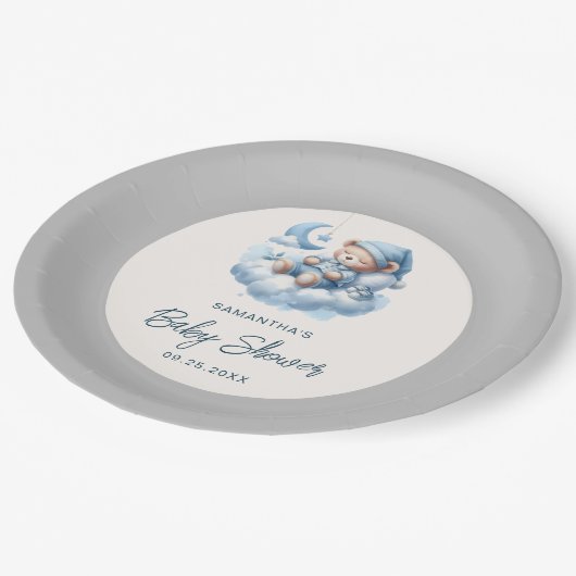 Schlafbär auf Cloud Graue & Blue-Junge-Babydusche Pappteller (Schrägansicht)