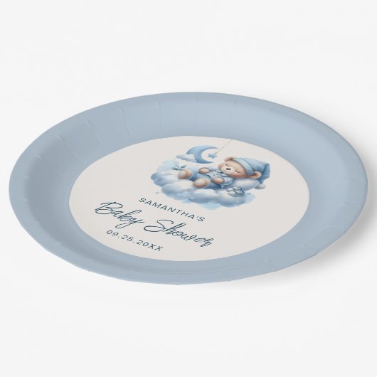Schlafbär in der Cloud dusty blue boy baby dusche Pappteller (Schrägansicht)