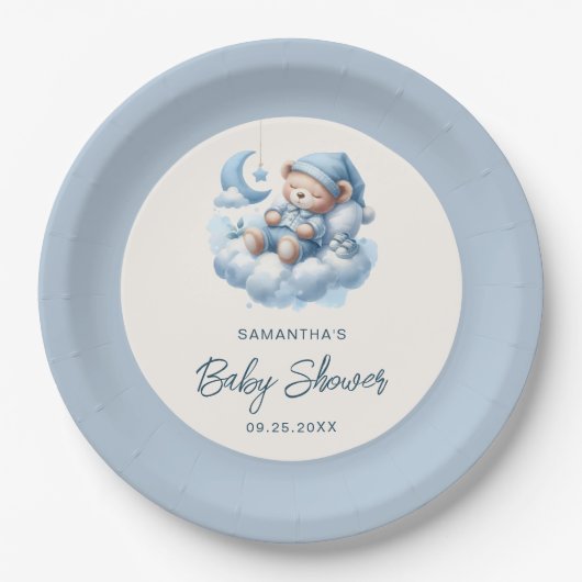 Schlafbär in der Cloud dusty blue boy baby dusche Pappteller (Vorderseite)