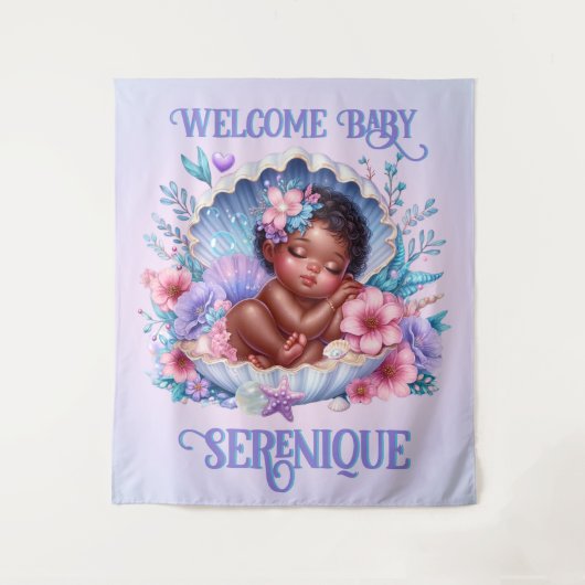 Schlafen Afroamerikanisches Baby Girl Seashell Wandteppich (Vorderseite)