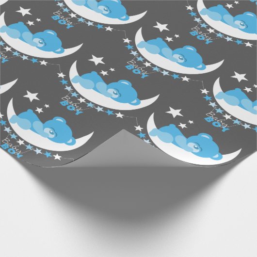 Schlafen Baby Boy Teddy Bear auf Moon Pattern Geschenkpapier (Ecke)