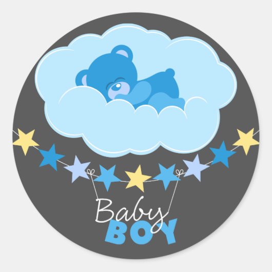 Schlafen Blue Boy Teddy Bear in Cloud Baby Dusche Runder Aufkleber (Vorderseite)