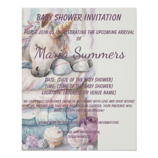 Schlafen Einhorn Wasserfarbe Pastel Babydusche Poster (Vorderseite)