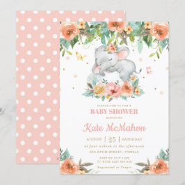 Schlafen Elephant Peach Pink Floral Baby Dusche Einladung