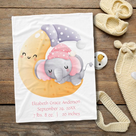 Schlafen Elephant Pink Girl Crescent Moon Baby Fleecedecke