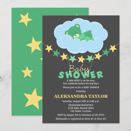 Schlafen Grüner Teddy Bär in Cloud Baby Dusche Einladung (Vorne/Hinten)