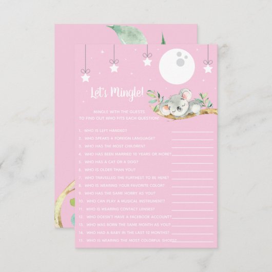 Schlafen Koala Baby Shower Game Let's Mingle! Invi Einladung (Vorne/Hinten)