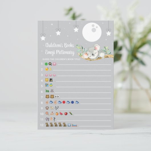 Schlafen Koala Baby Showspiel Emoji Pictionary Einladung (Stehend Vorderseite)